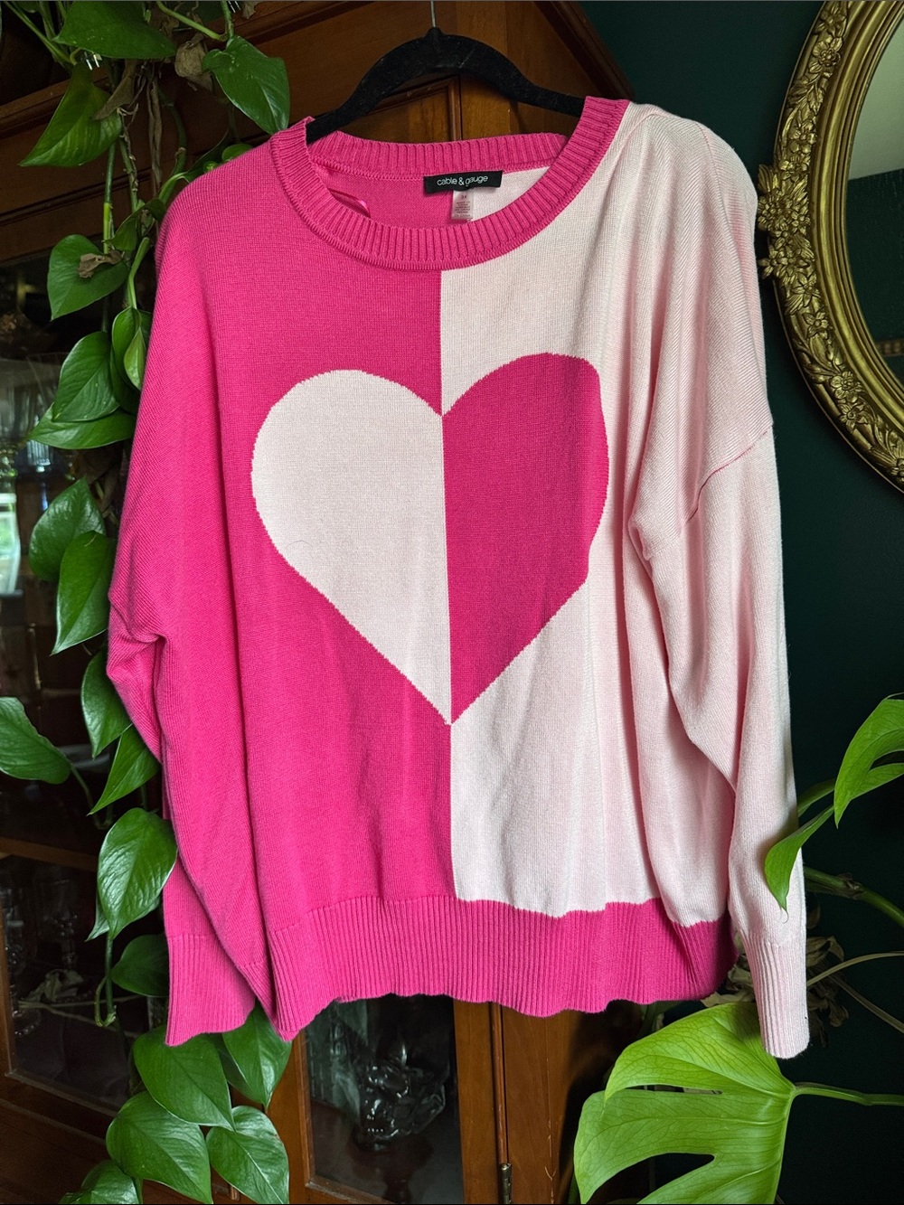 Cable & Gauge Pink Colorblock Heart Sweater